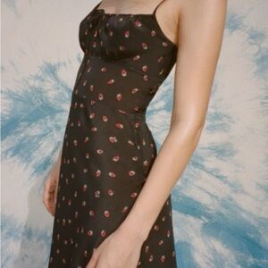 Realisation Par Black Slip Dress with Red Strawberry Motif